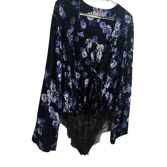 Intimately Free People Black Blue Floral Tie Lace Body Suit Medium - Picture 9 of 13